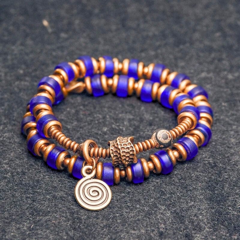 Dhammapada - Bracelet Tibétain en Perles et Laiton 15 à 16cm / Bleu