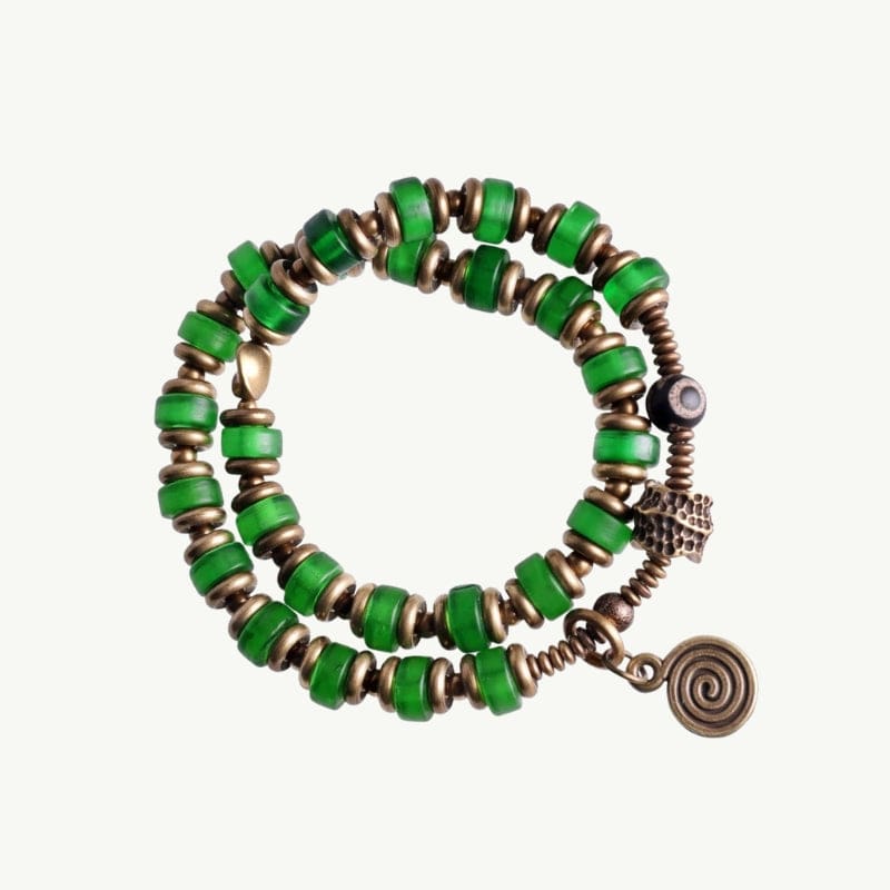 Dhammapada - Bracelet Tibétain en Perles et Laiton 15 à 16cm / Vert