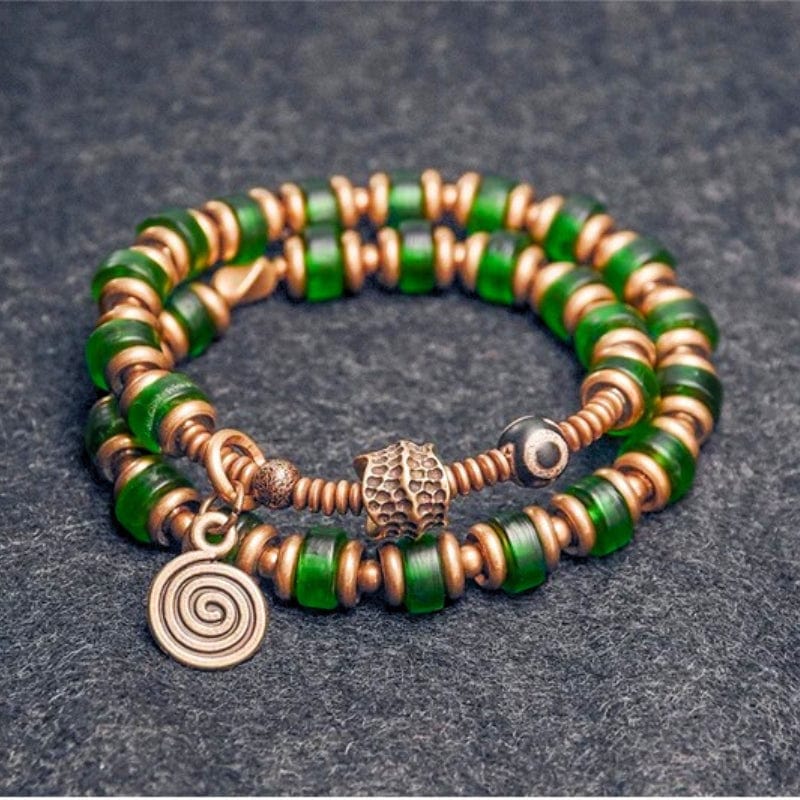 Dhammapada - Bracelet Tibétain en Perles et Laiton 17 à 18cm / Vert