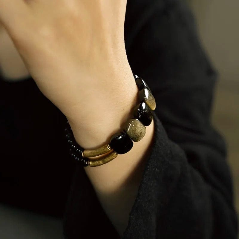 Padmapani - Bracelet Tibétain en Obsidienne Dorée et Laiton