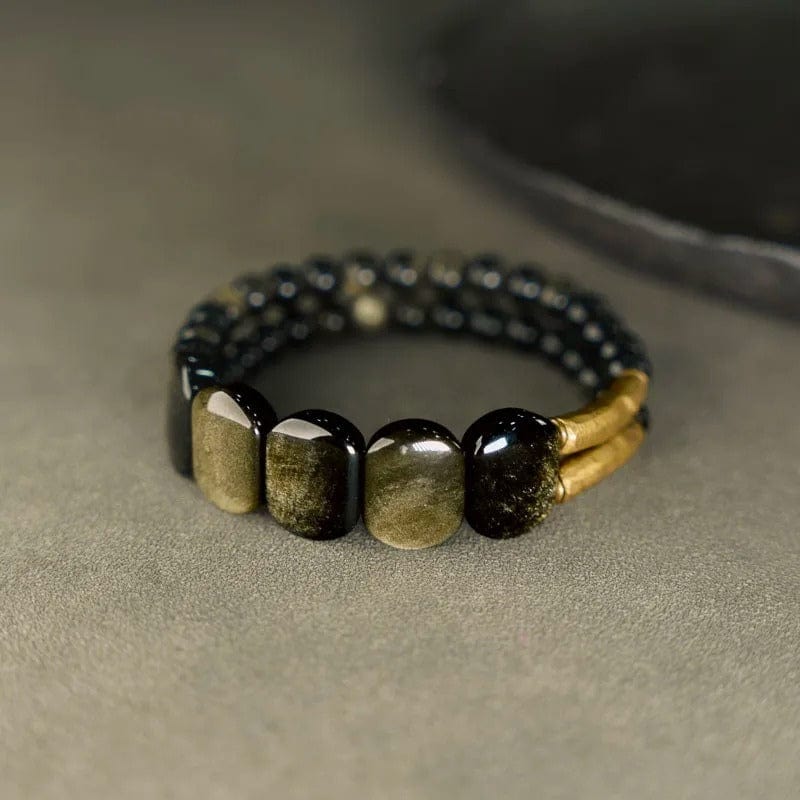 Padmapani - Bracelet Tibétain en Obsidienne Dorée et Laiton