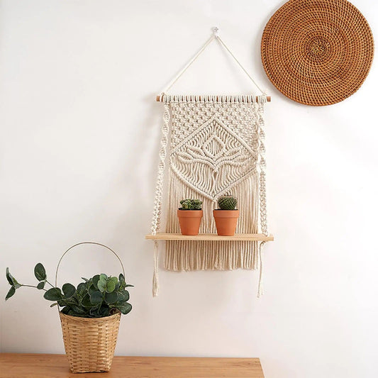 Macrame Wall Hanging Shelf Floating Shelf with Crochet Hand Made Storage Shelving Art for Photo Frames Outdoor Home Decor Indoor