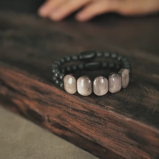 Bracelet tibétain en obsidienne et bois