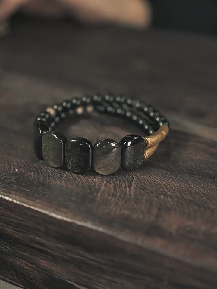 Presentation du Bracelet Tibétain en Obsidienne Dorée et Laiton